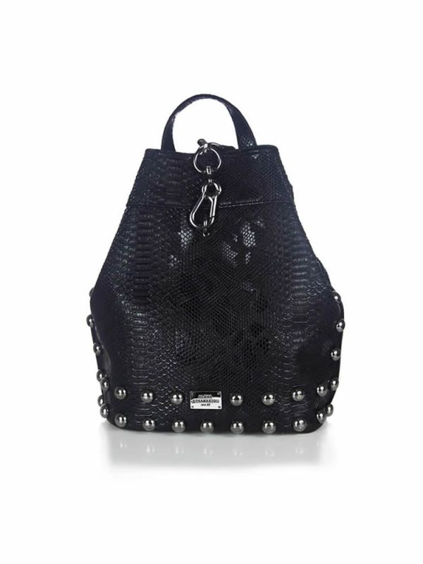 Τσάντα πλάτης μαύρη Black n Metal με Croco Pattern ELENA ATHANASIOU