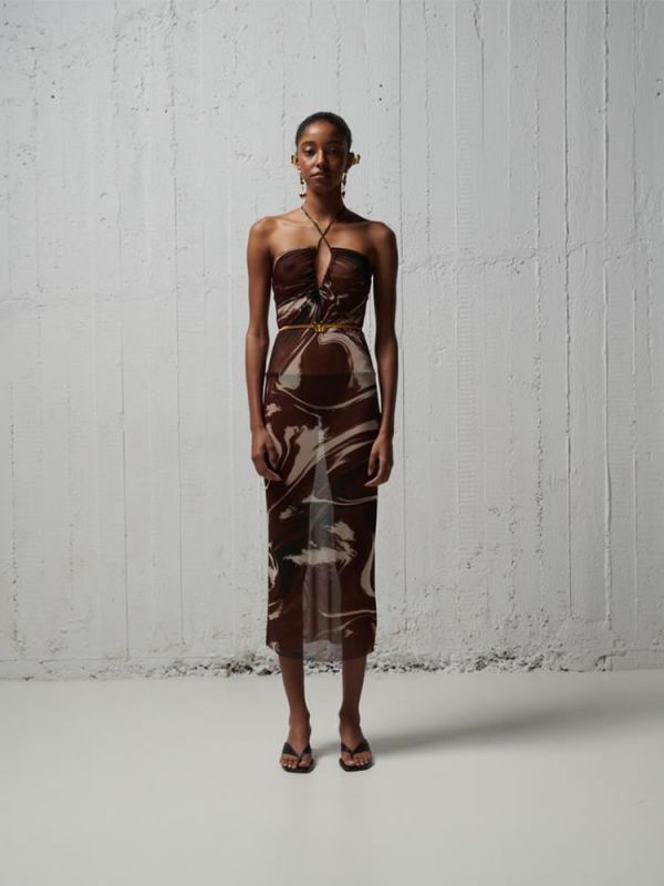 Φόρεμα halterneck οcean brown mesh dress DS22-211 MILKWHITE